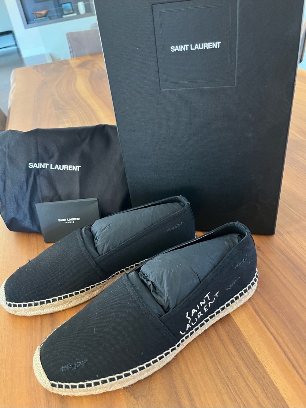 Saint Laurent Men's Black Canvas Espadrille Slip-Ons with Jute Trim